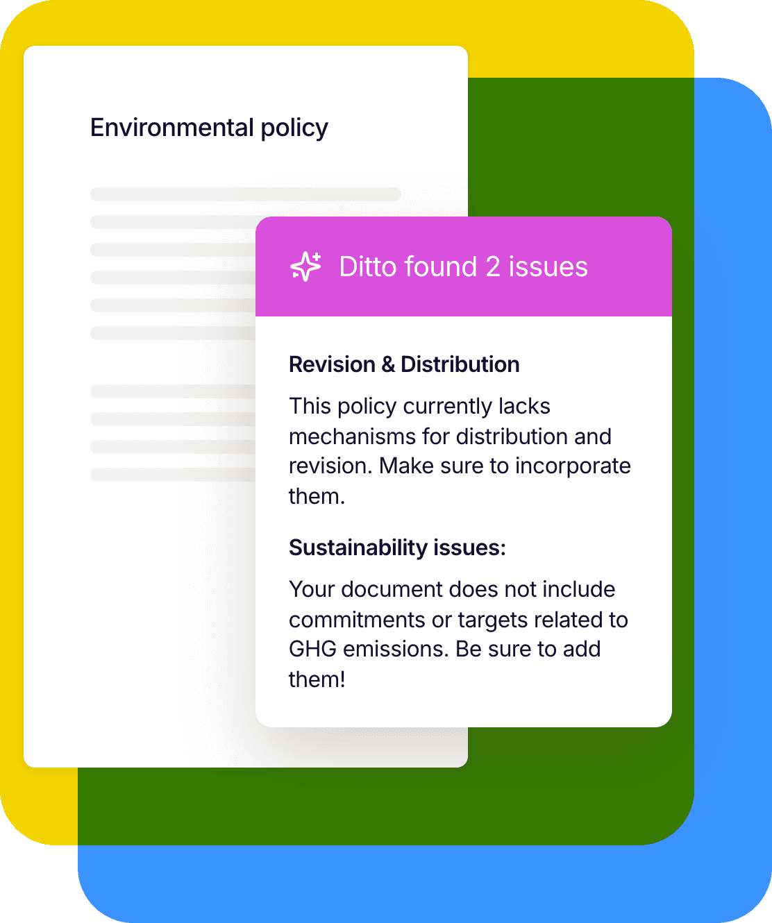 An environmental policy with a panel where Ditto has found two issues: no revision and distribution mechanism, and no GHG commitments or targets