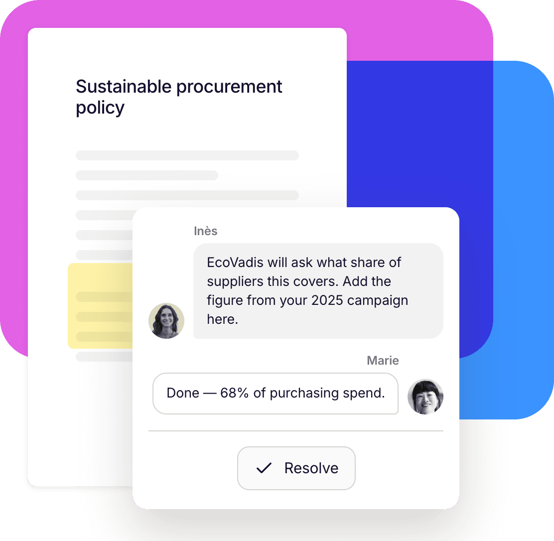 A comment thread on a sustainable procurement policy: Inès asks for the share of suppliers covered, Marie answers 68% of purchasing spend, with a Resolve button