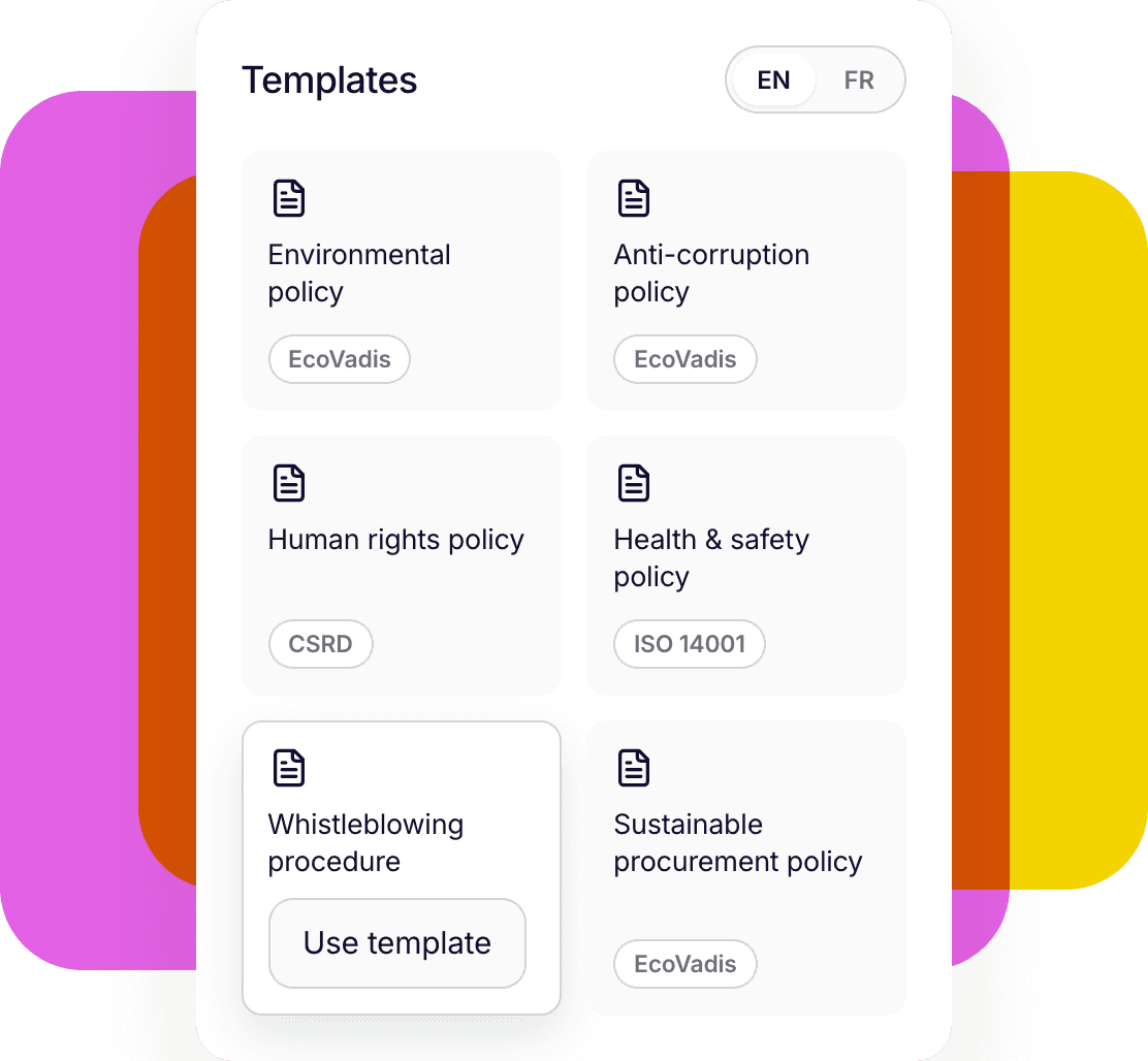 A grid of policy templates tagged EcoVadis, CSRD and ISO 14001, with an EN/FR switch and a Use template button on the whistleblowing procedure
