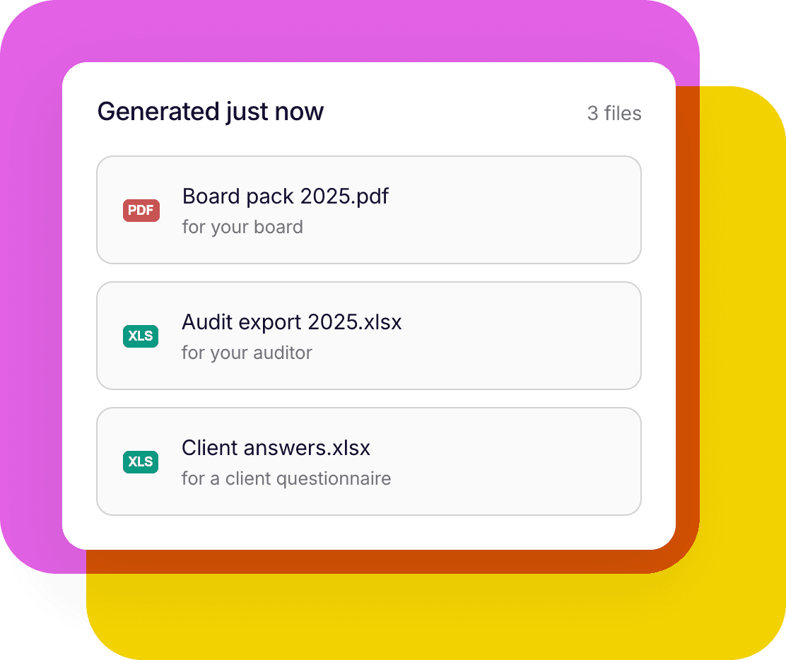Three files generated just now: a board pack PDF, an audit export in Excel and client answers in Excel