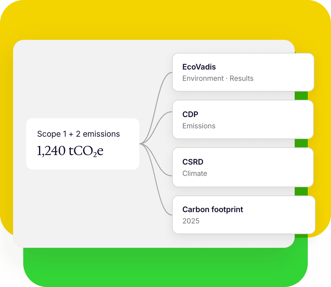 One Scope 1 and 2 figure of 1,240 tCO₂e feeding EcoVadis, CDP, CSRD and the 2025 carbon footprint