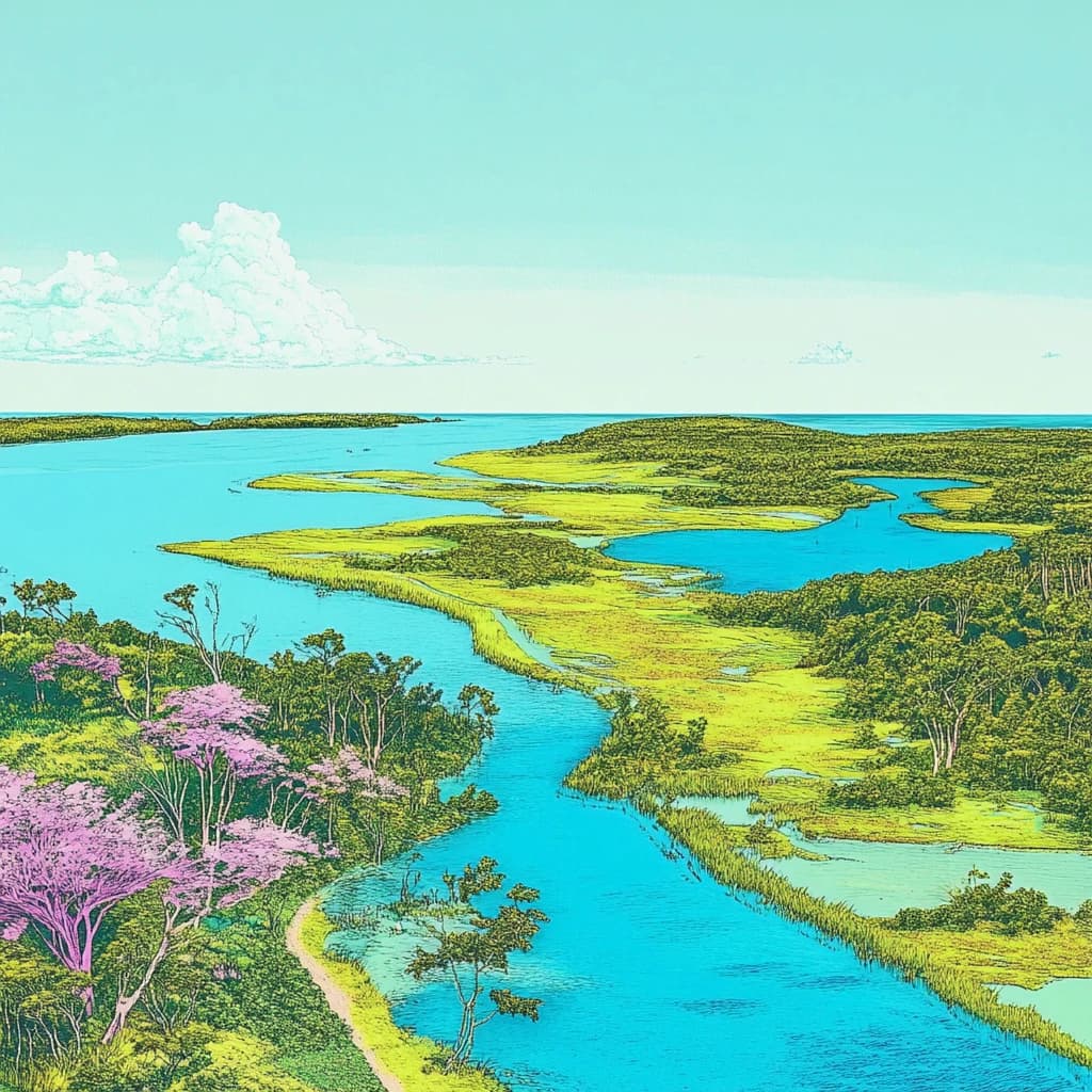 An illustrated estuary winding out to sea between green marshes and flowering trees