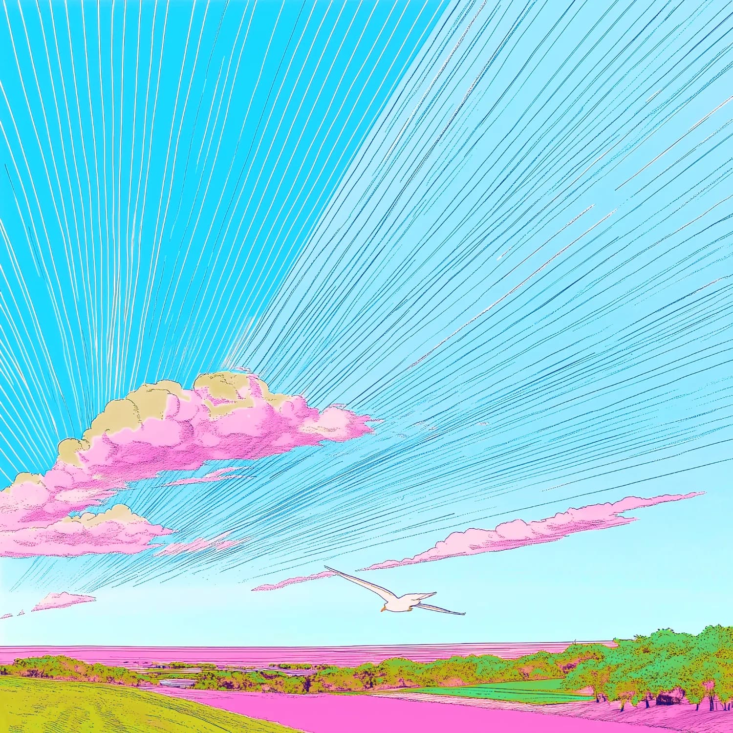 An illustrated sky with long sun rays, pink clouds and a bird flying over fields