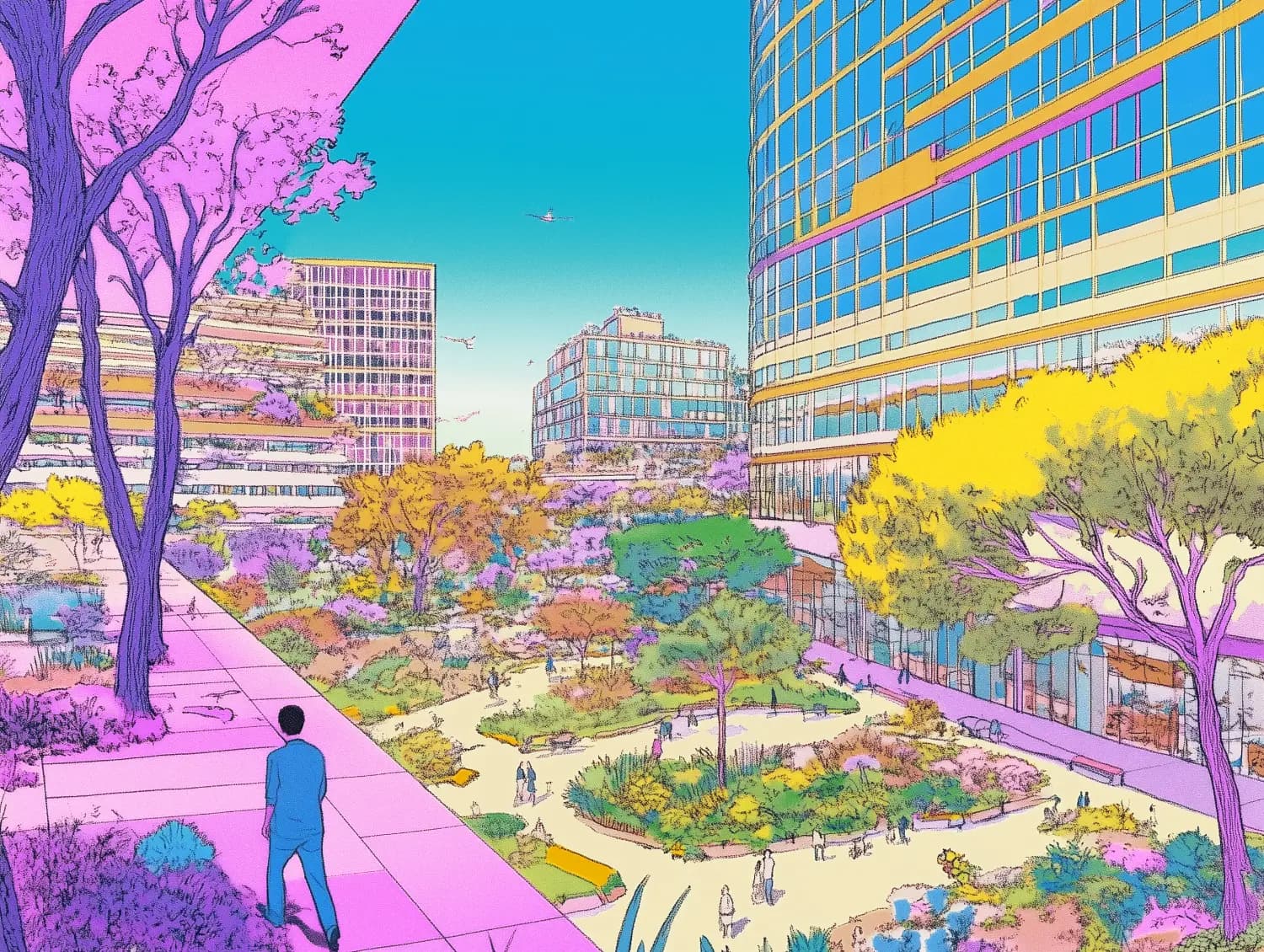 An illustrated city park between office buildings, with people walking among flowering trees