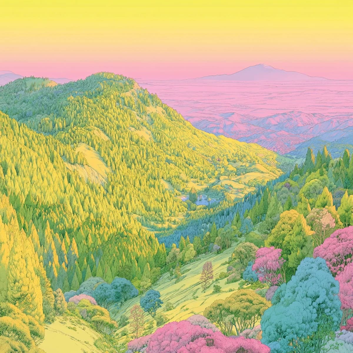 An illustrated landscape of forested hills at sunrise