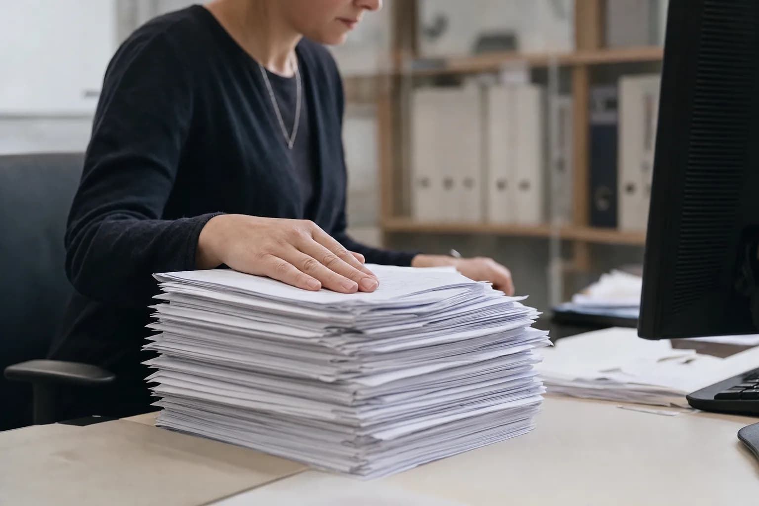 Une femme à un bureau pose la main sur une épaisse pile de factures papier, un écran tourné dos à l'objectif, classeurs sur des étagères derrière