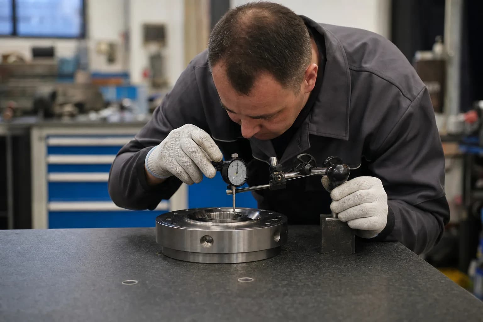 Une pièce métallique usinée contrôlée sur un marbre en salle de métrologie, servantes d'atelier floues en arrière-plan