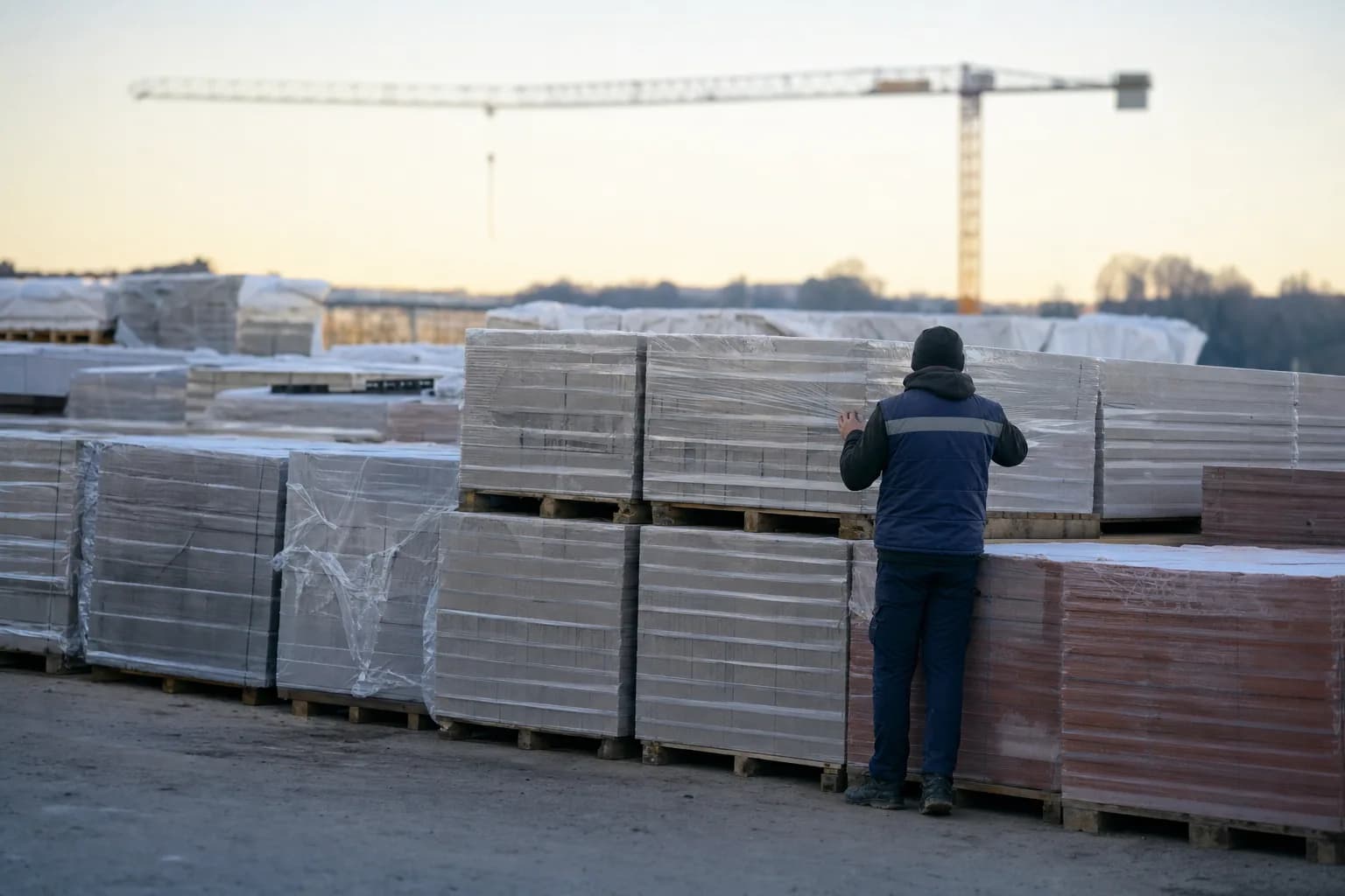 A worker checking shrink-wrapped pallets of building materials in a supplier yard at first light, a tower crane out of focus against the sky