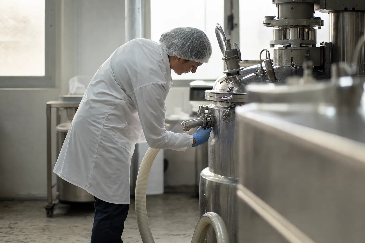 Des cuves de mélange en inox dans une petite salle de production, une opératrice en charlotte vérifie un raccord de flexible