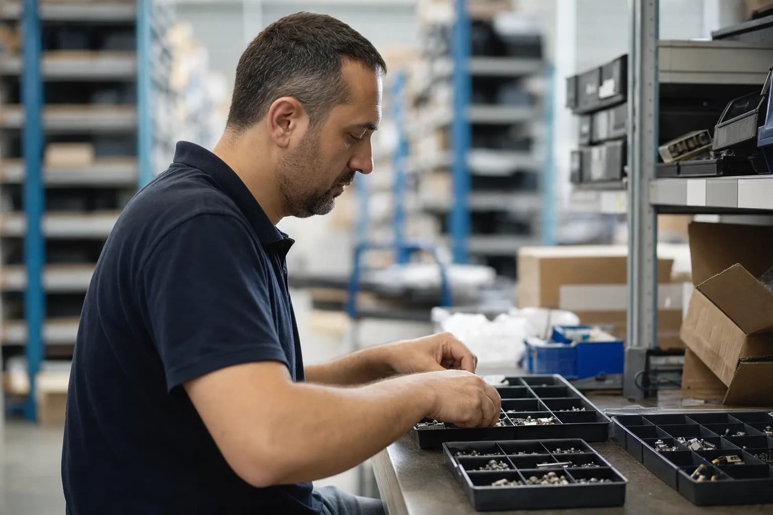 A goods-in bench in an electronics stockroom, small components in anti-static trays, shelving racks soft behind