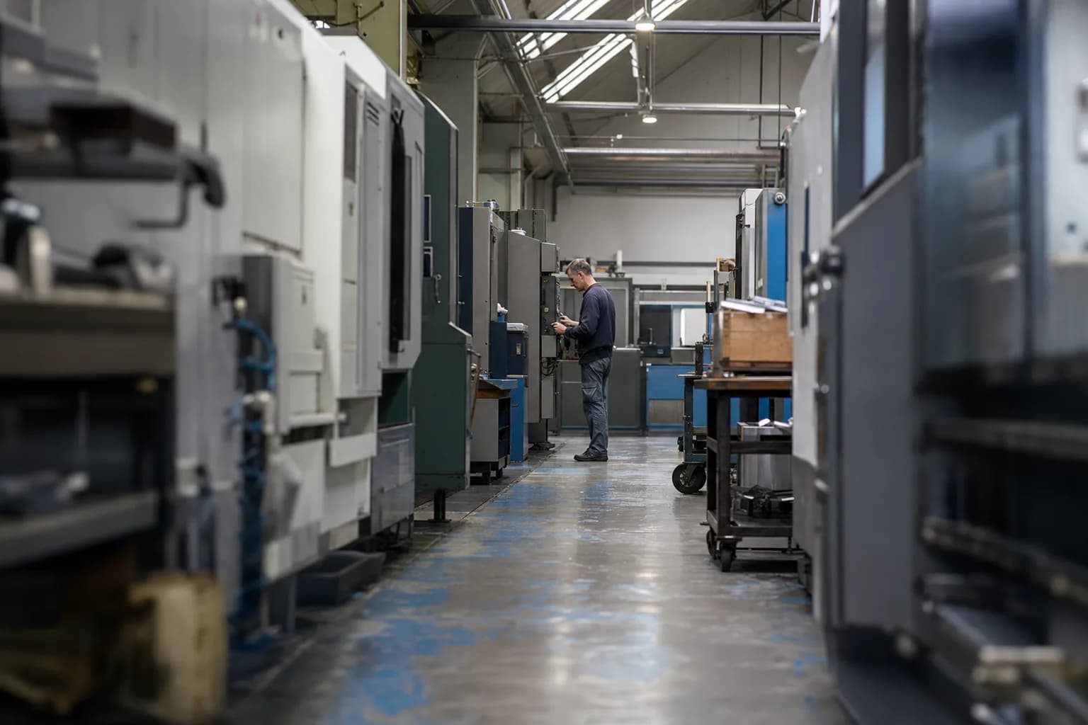 A factory floor seen down an aisle between machines, one operator at a control panel in the distance, daylight from roof windows