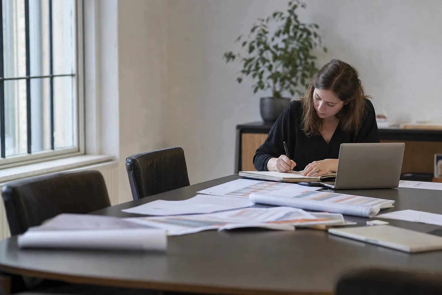 Une femme prend des notes à une table de réunion couverte de plannings imprimés, un ordinateur portable ouvert à côté d'elle, lumière du jour par une haute fenêtre