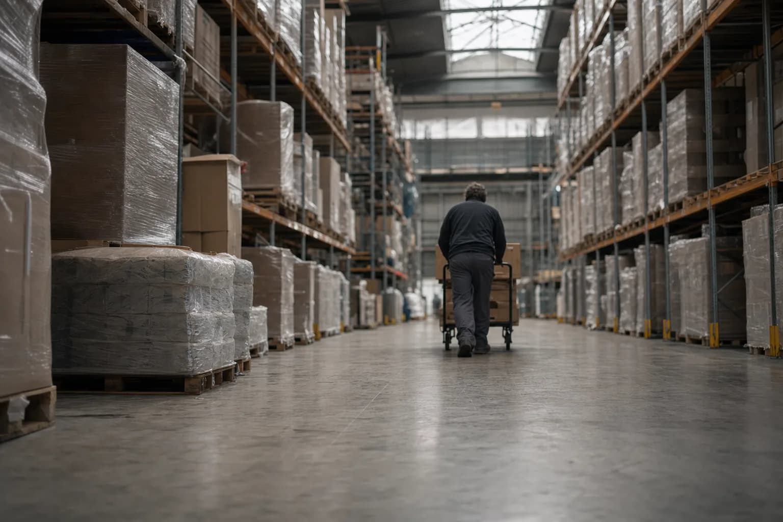 A distribution warehouse aisle with wrapped pallets on high racking, a picker with a trolley far down the aisle