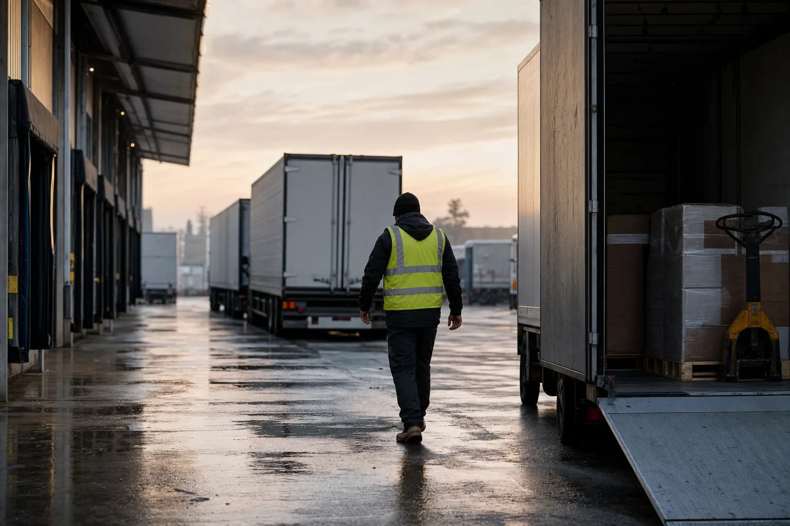 A loading dock at dawn, trailer doors open, a worker walking between parked trucks