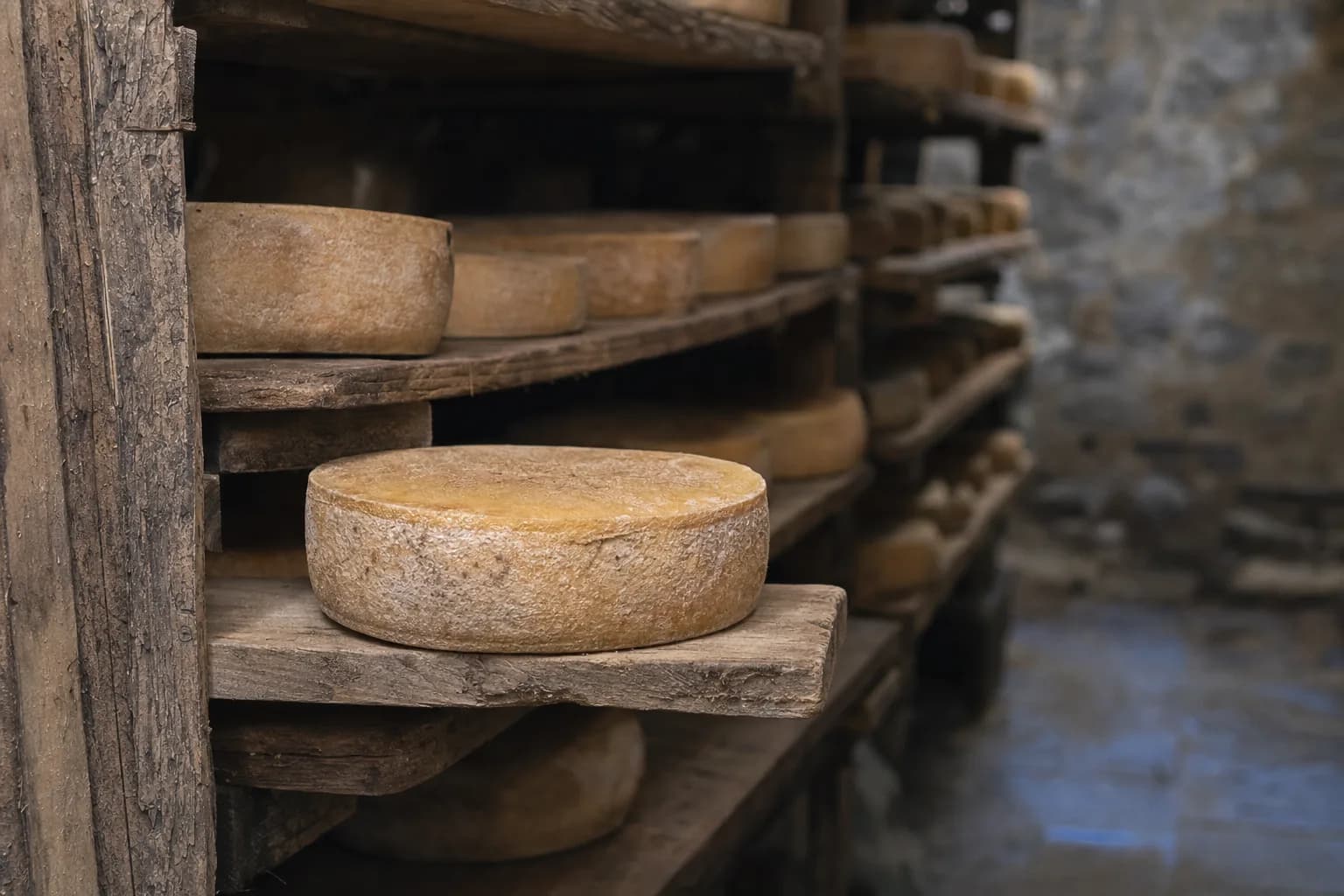 Des meules de fromage affinées sur des planches de bois dans une cave sombre, une meule tirée en avant sur sa planche