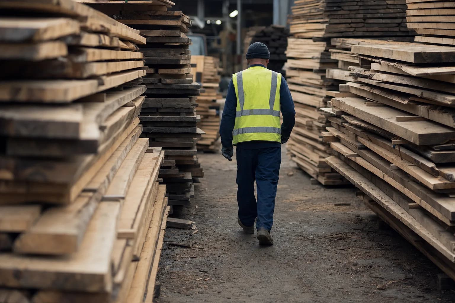 Rows of stacked lumber in a sawmill yard, a worker in a high-visibility vest walking between them