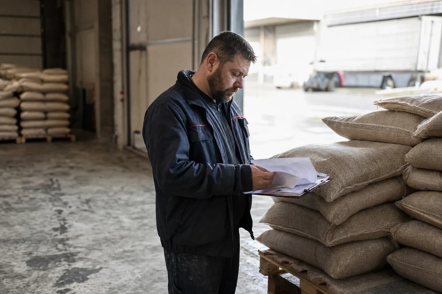 Une personne vérifie des documents près de palettes de sacs sans marquage, dans la zone de réception d'un entrepôt