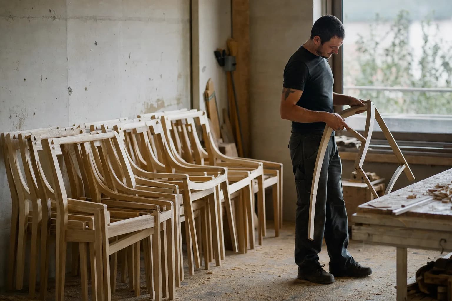 Des ossatures de chaises en bois brut empilées dans un atelier, une personne en examine une près de la fenêtre