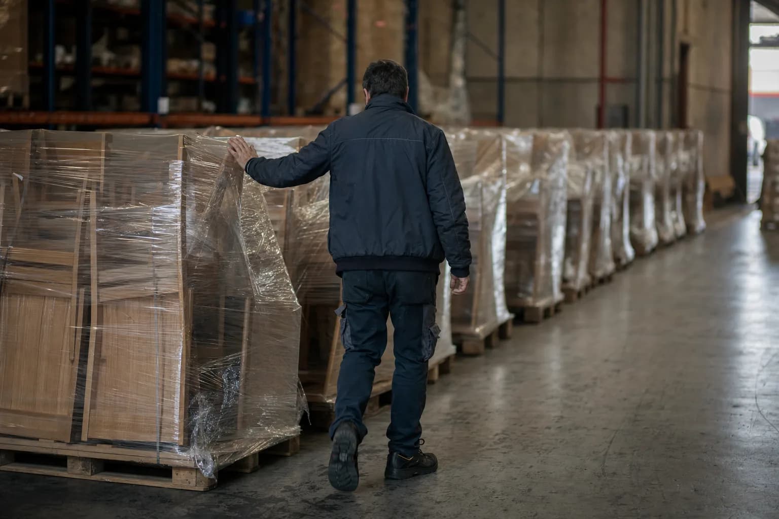 Wooden furniture parts shrink-wrapped on pallets in a warehouse, a worker walking the row and steadying one pallet