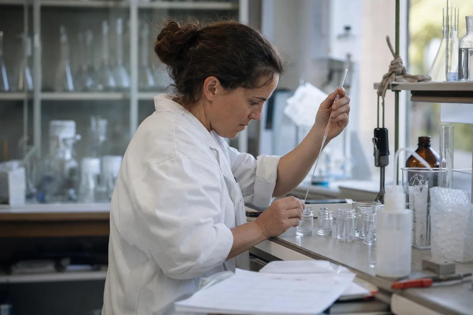 Une technicienne en blouse blanche pipette dans de petits pots en verre sans étiquette, à une paillasse de laboratoire