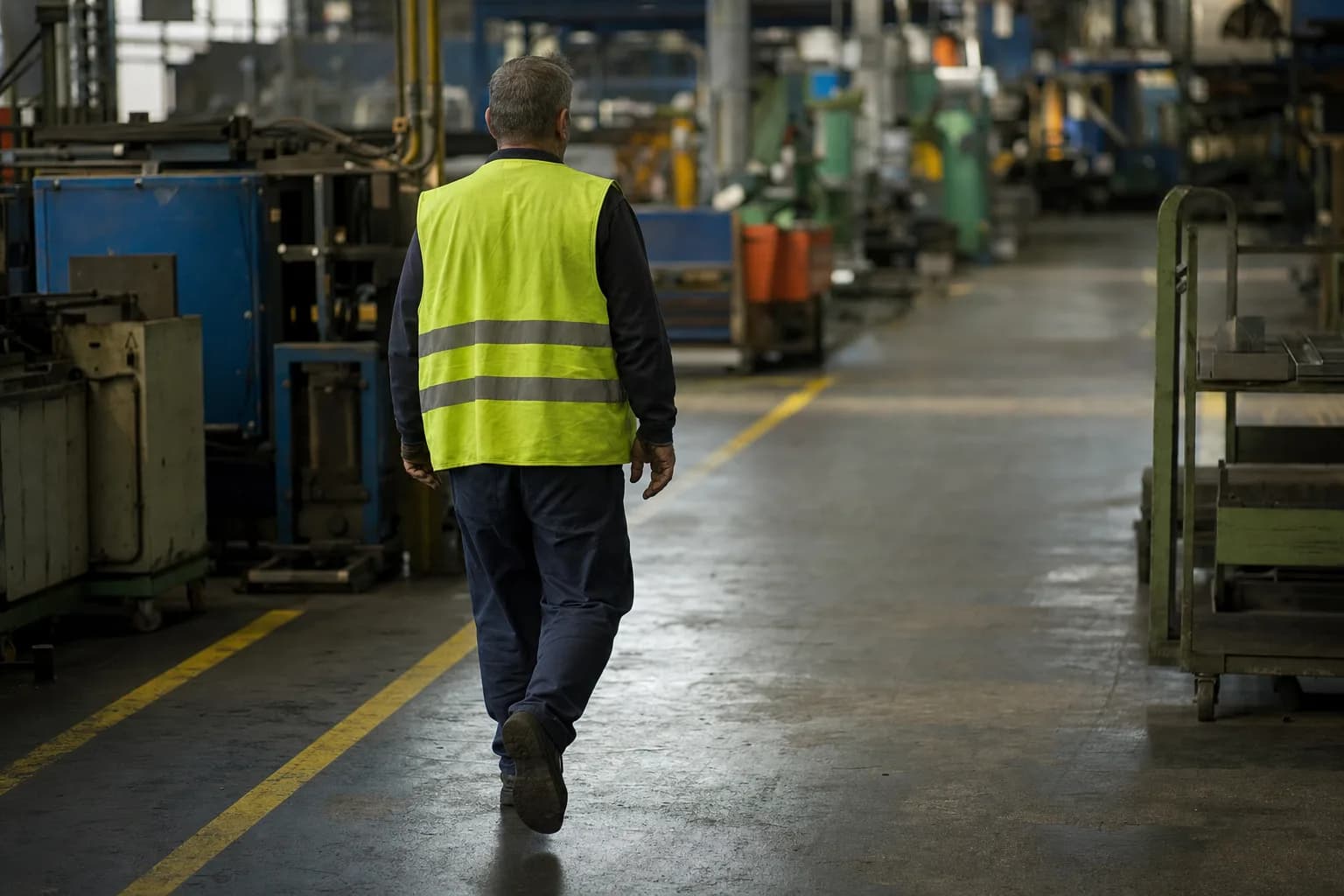 A worker in a high-visibility vest walking a marked aisle on a factory floor
