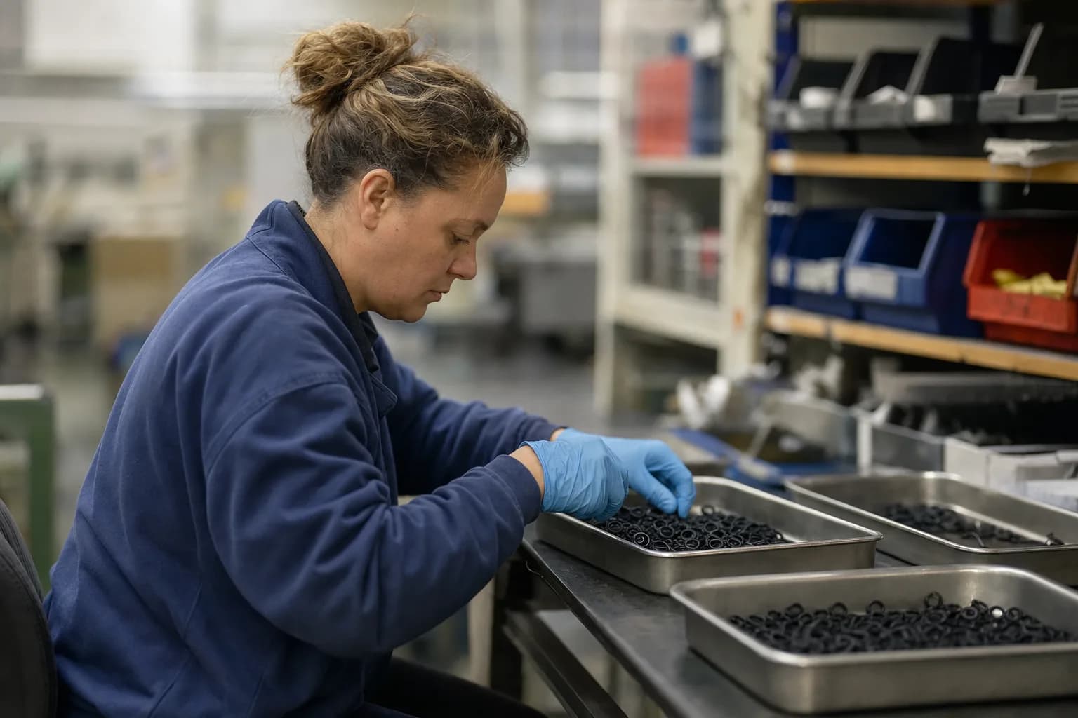 A worker in a blue glove sorting black O-rings into metal trays at a factory inspection bench