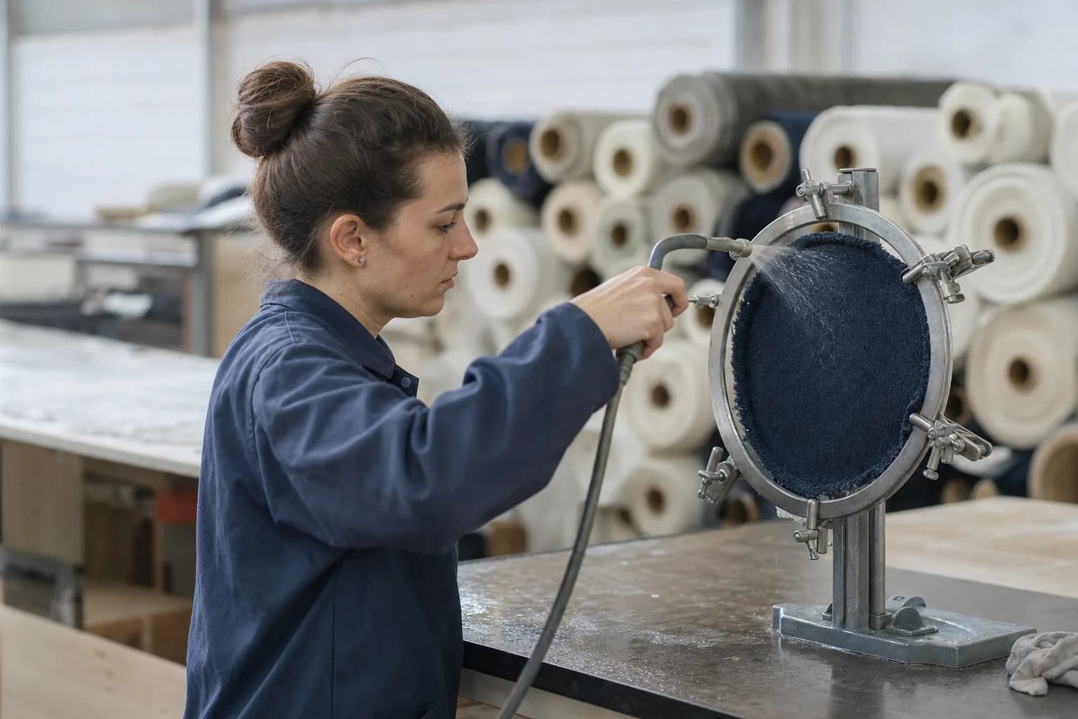 A technician sprays water onto a clamped swatch of dark fabric in a textile testing room