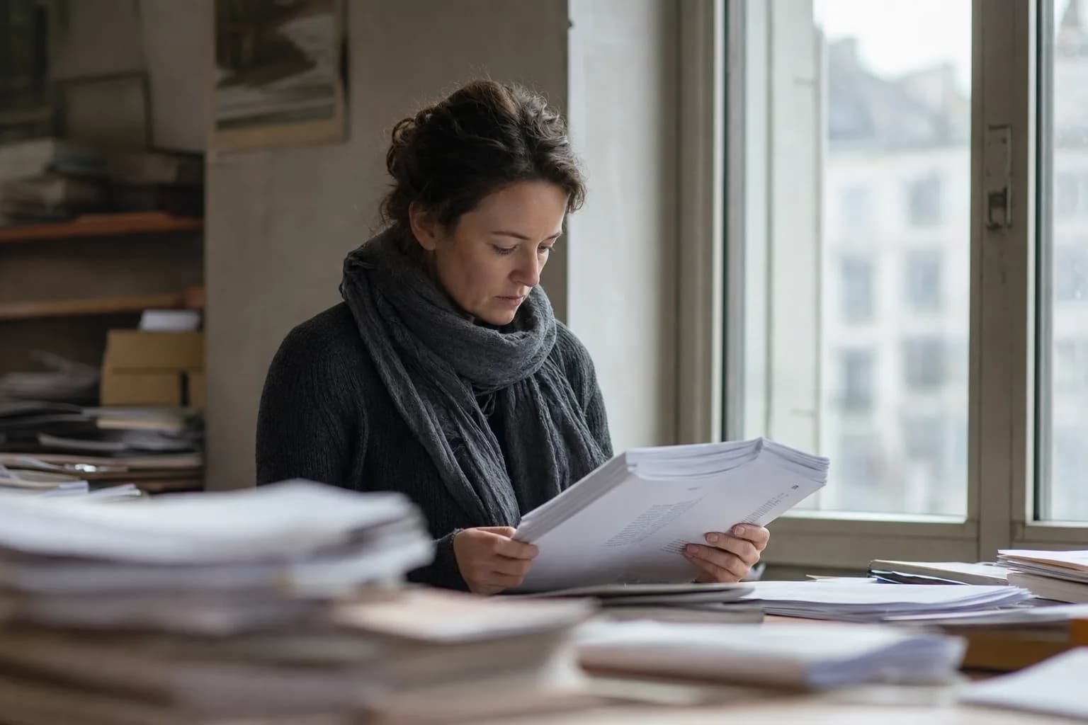 A person reading a thick printed document beside a tall window, stacks of paper soft in the foreground