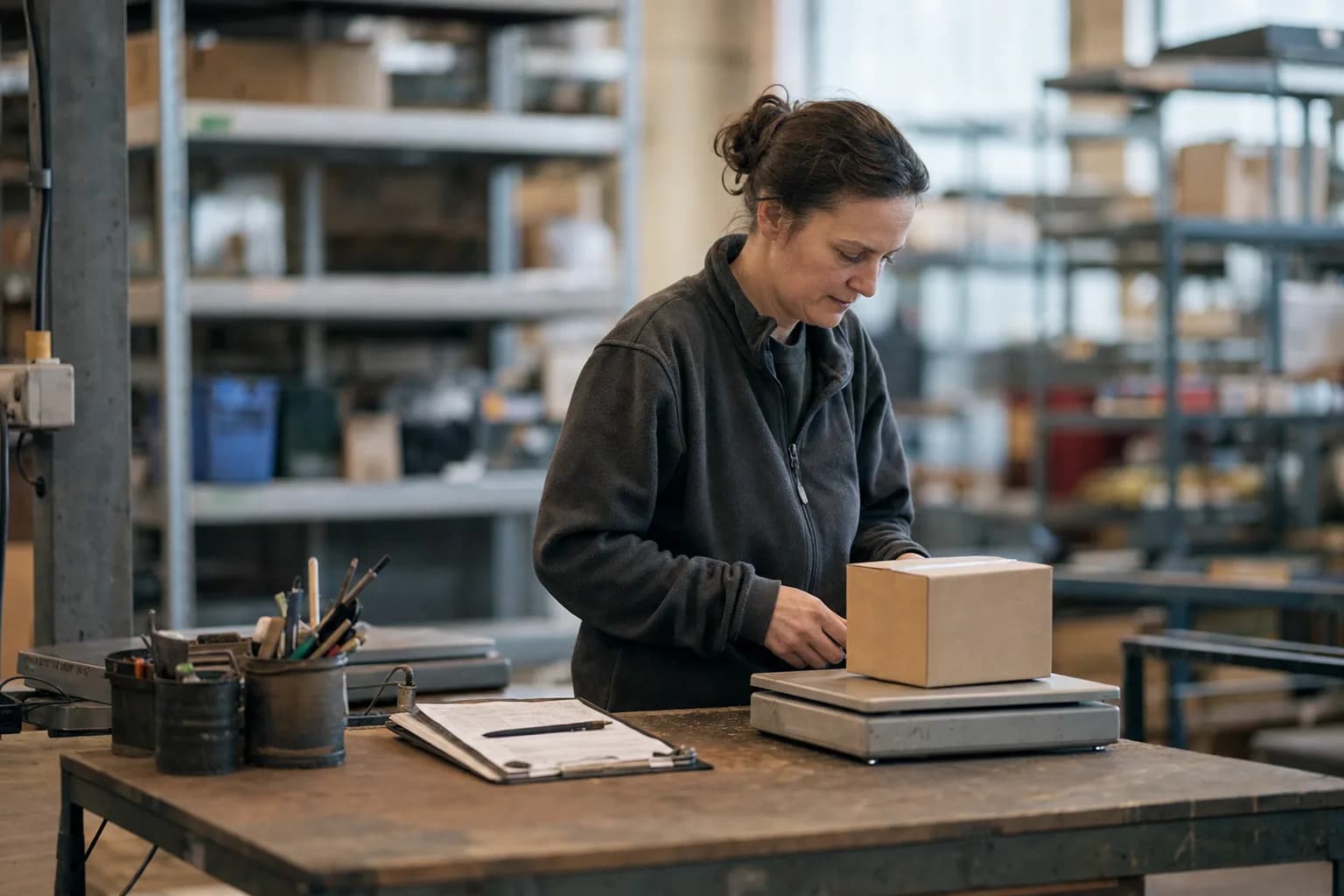 Une femme pèse un carton sur une balance d'atelier, un porte-bloc posé à côté sur l'établi, rayonnages de stockage flous en arrière-plan