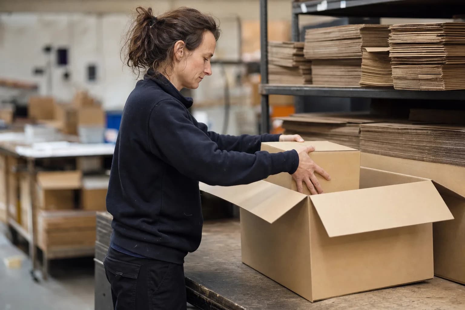 Une personne à un poste d'emballage d'entrepôt place une petite boîte dans un grand carton ouvert, près d'un rack de cartons à plat