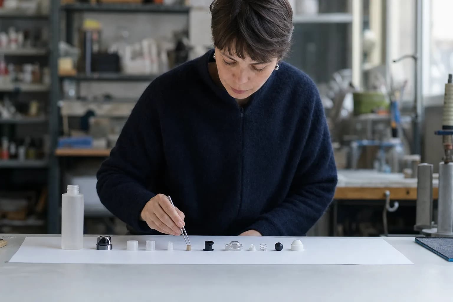 A person at a studio workbench using tweezers to lay out the disassembled parts of a cosmetic pump bottle on white paper