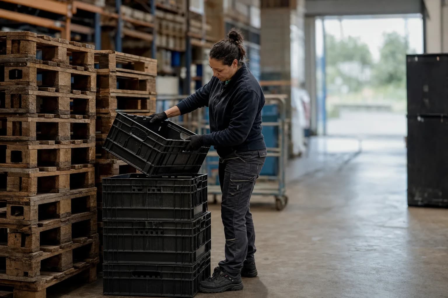 A worker stacking black plastic crates beside piles of worn wooden pallets in a warehouse