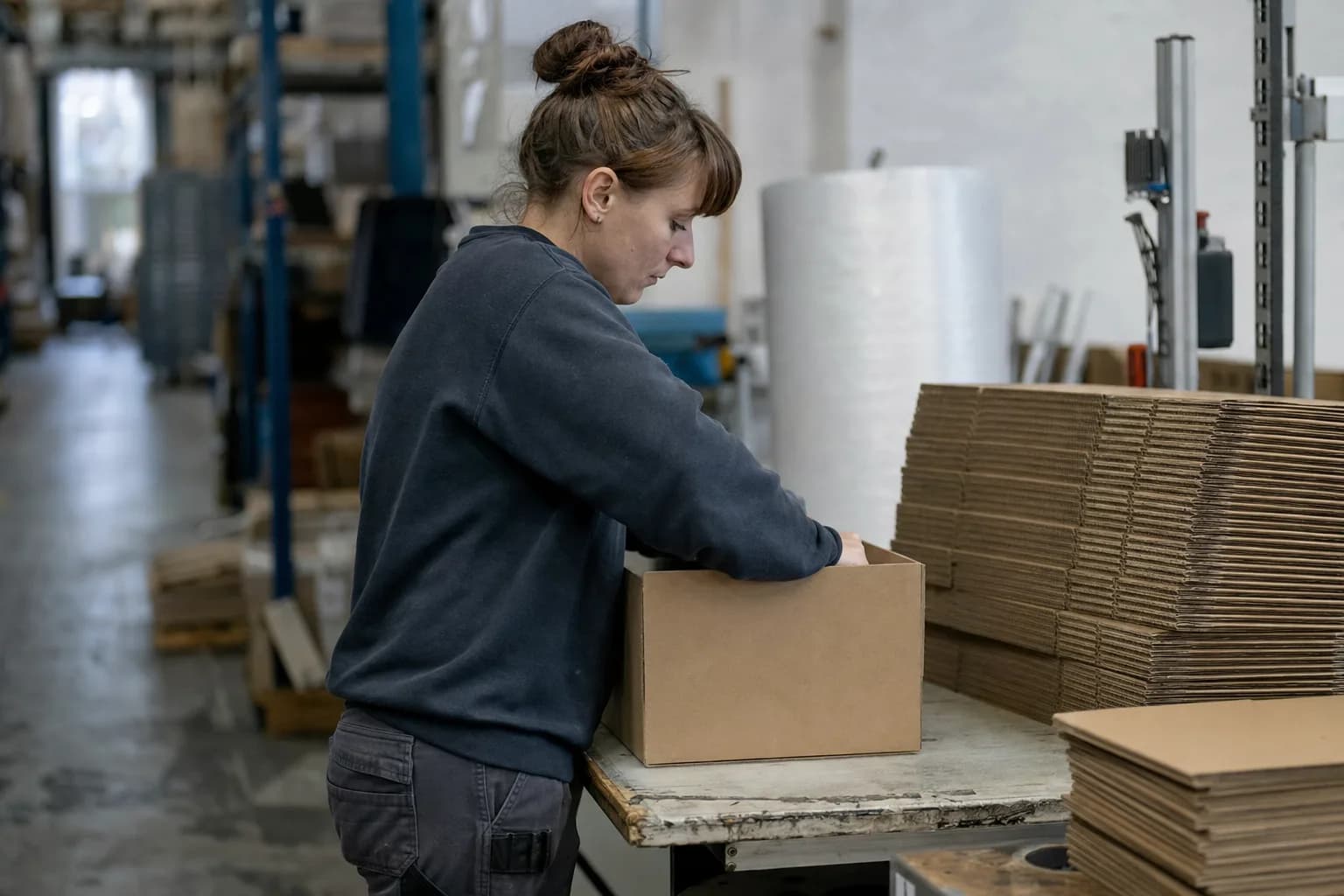 A worker folding a plain cardboard box at a warehouse packing bench, flattened boxes stacked beside them