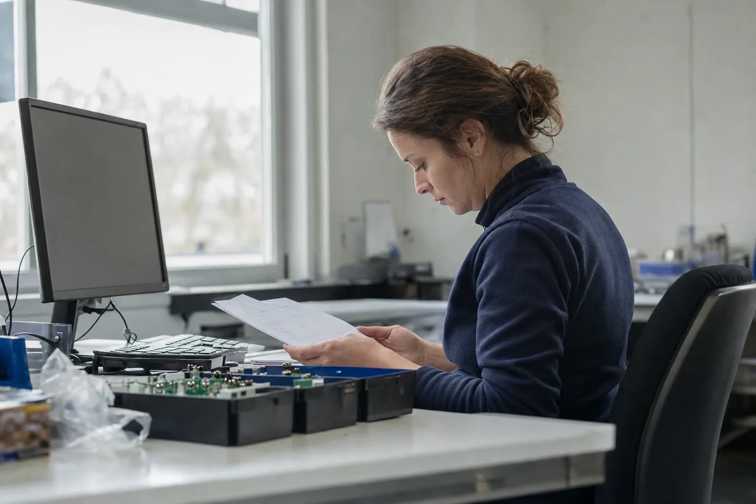 A person at an office desk leaning over printed pages angled away from the camera, small electronic components in trays beside the keyboard