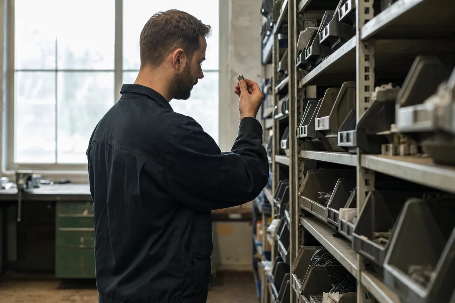 A technician at a parts storage rack, holding a small component up to the window light, shelves of open bins beside him