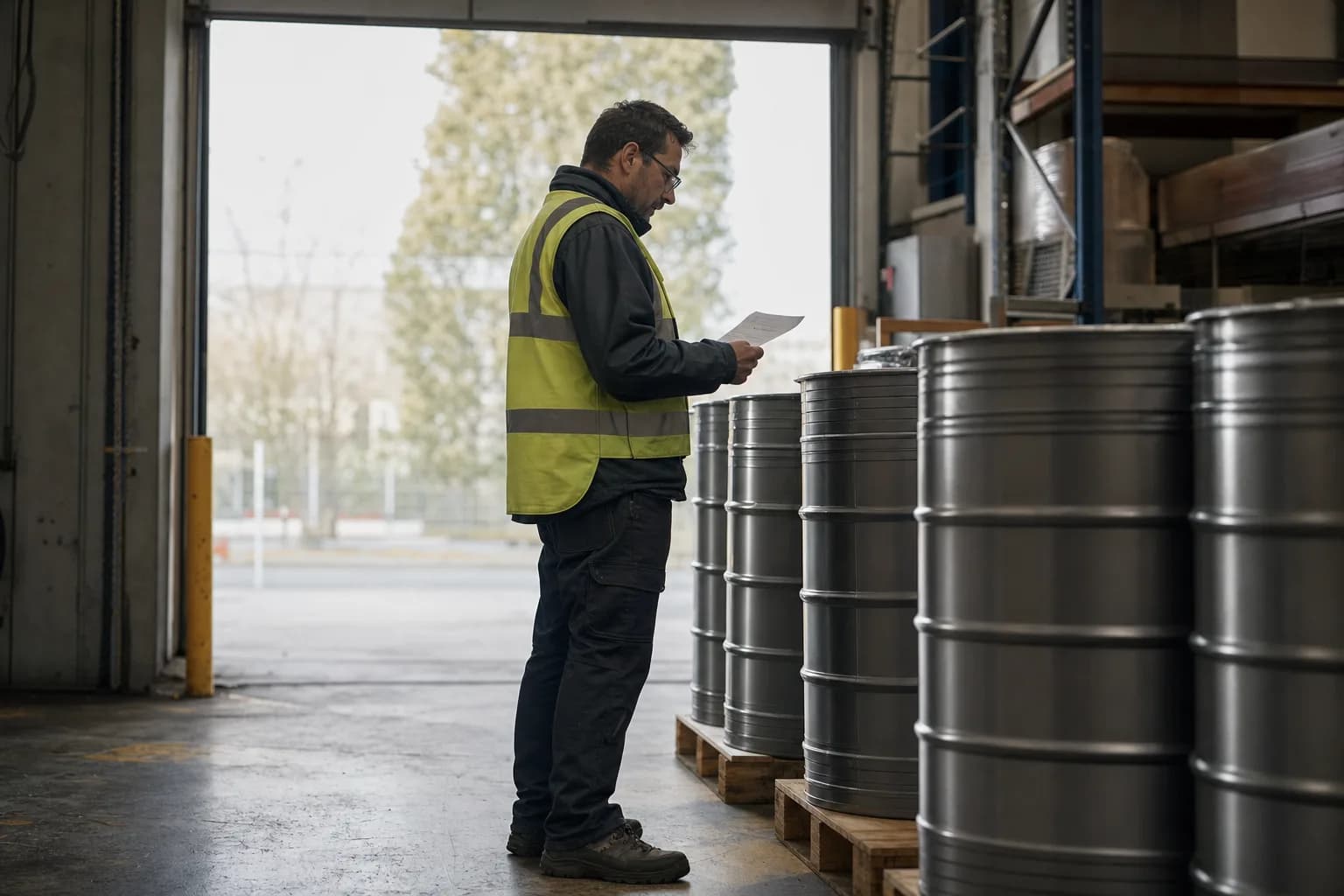 A warehouse worker checks a delivery note against a row of steel drums on a pallet, the loading-bay door open behind him