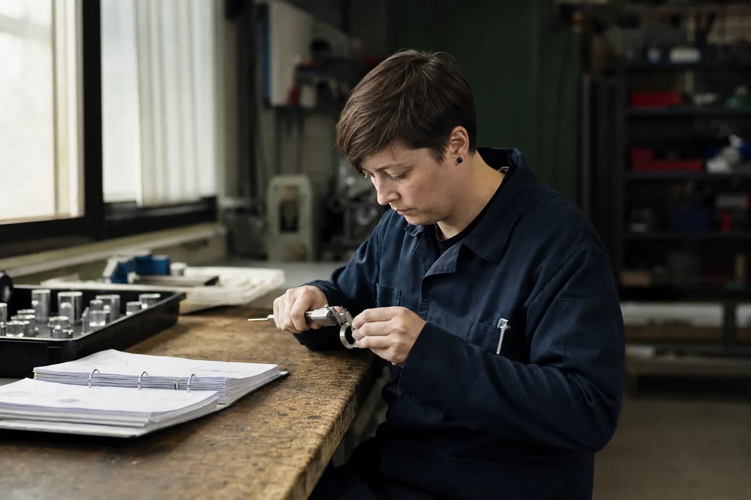 A technician measures a small metal component with calipers at a workbench, an open binder and a tray of parts beside them