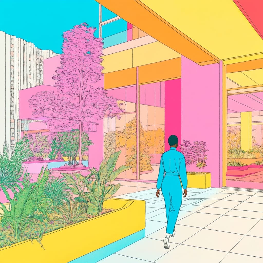 Illustration of a person walking into a bright building surrounded by plants.
