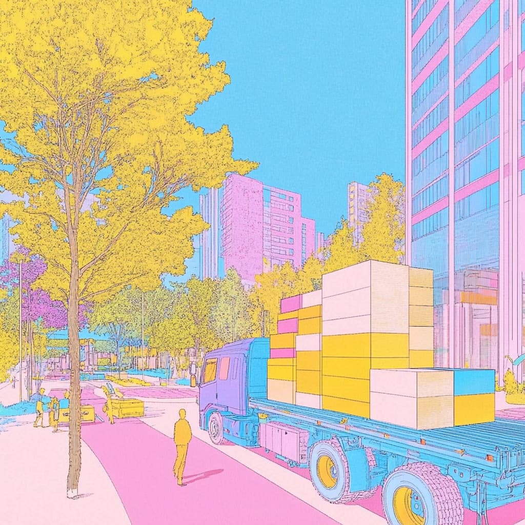Illustration d'un camion de livraison dans un quartier d'affaires arboré.