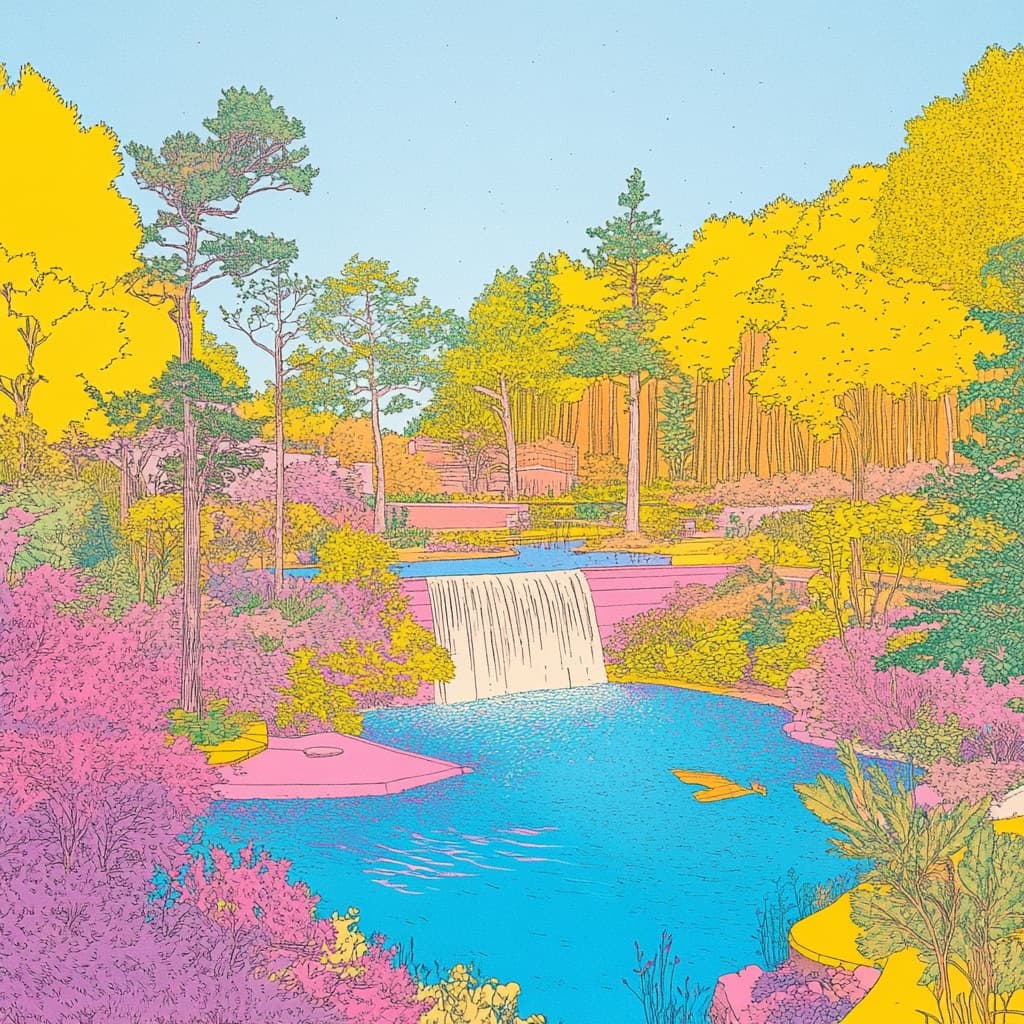 Illustration of a waterfall in a colourful forest.