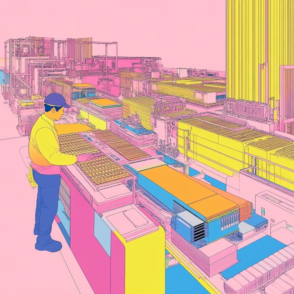 Illustration d'un opérateur préparant des produits sur une ligne de production.