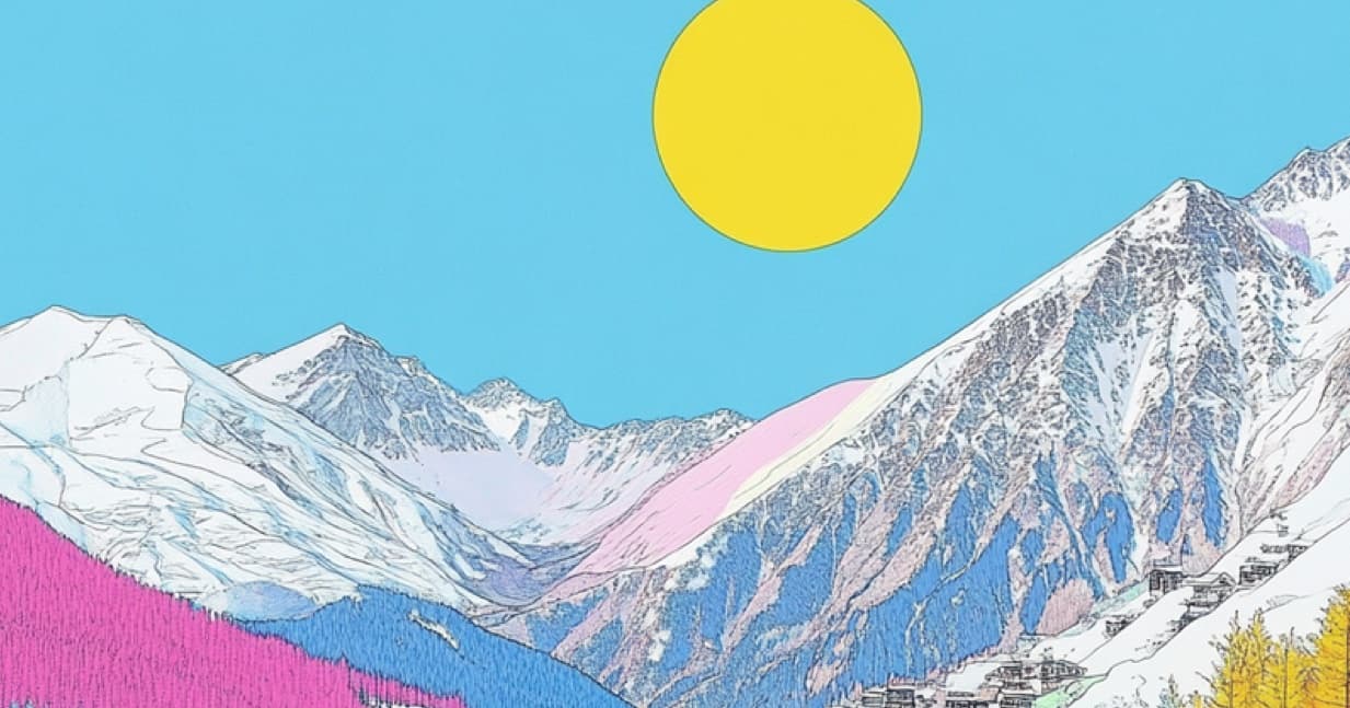Illustration d'une vallée de montagne enneigée sous un soleil jaune, couverture du Baromètre IA x RSE 2026 de Ditto.