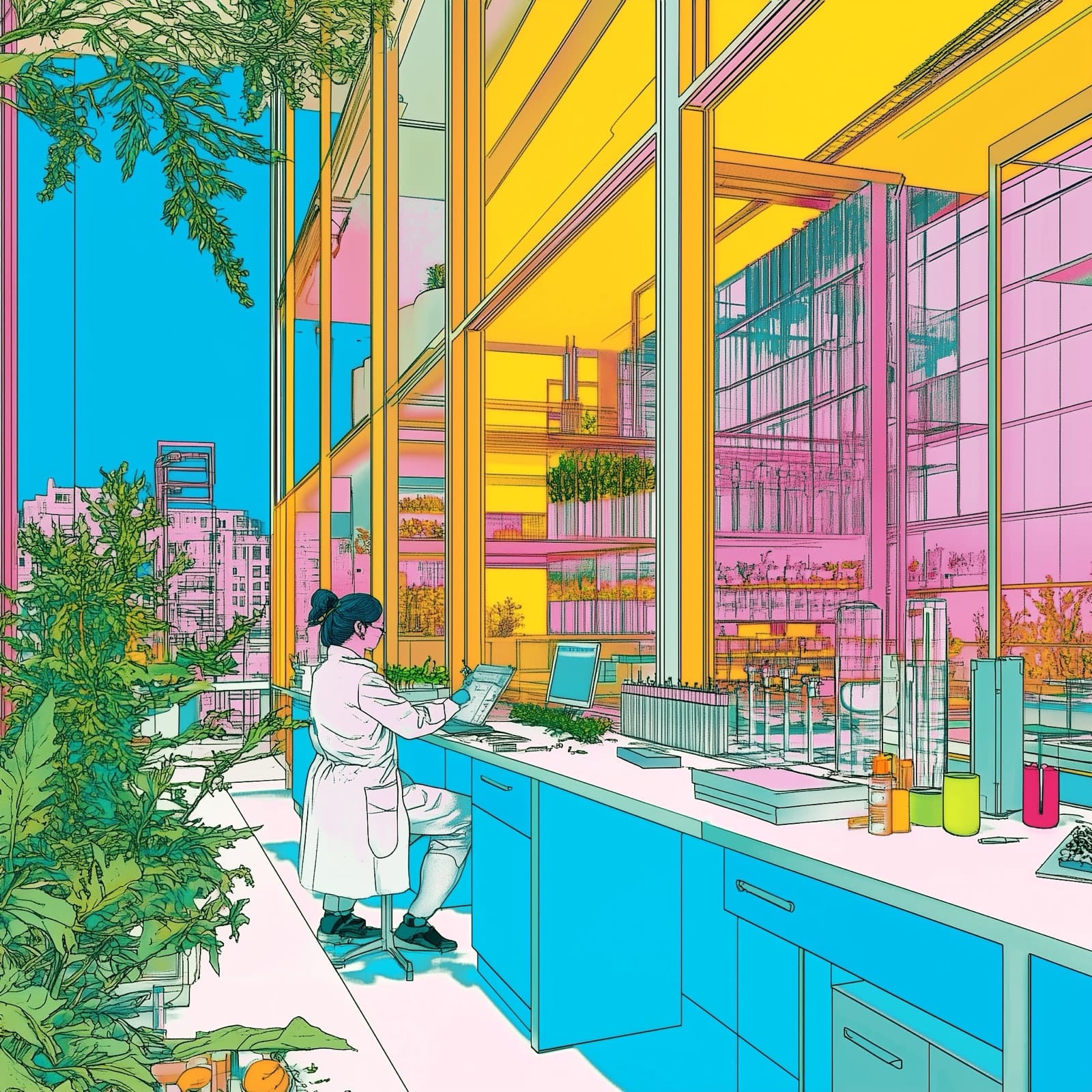 Illustration d'un technicien travaillant dans un laboratoire rempli de plantes.