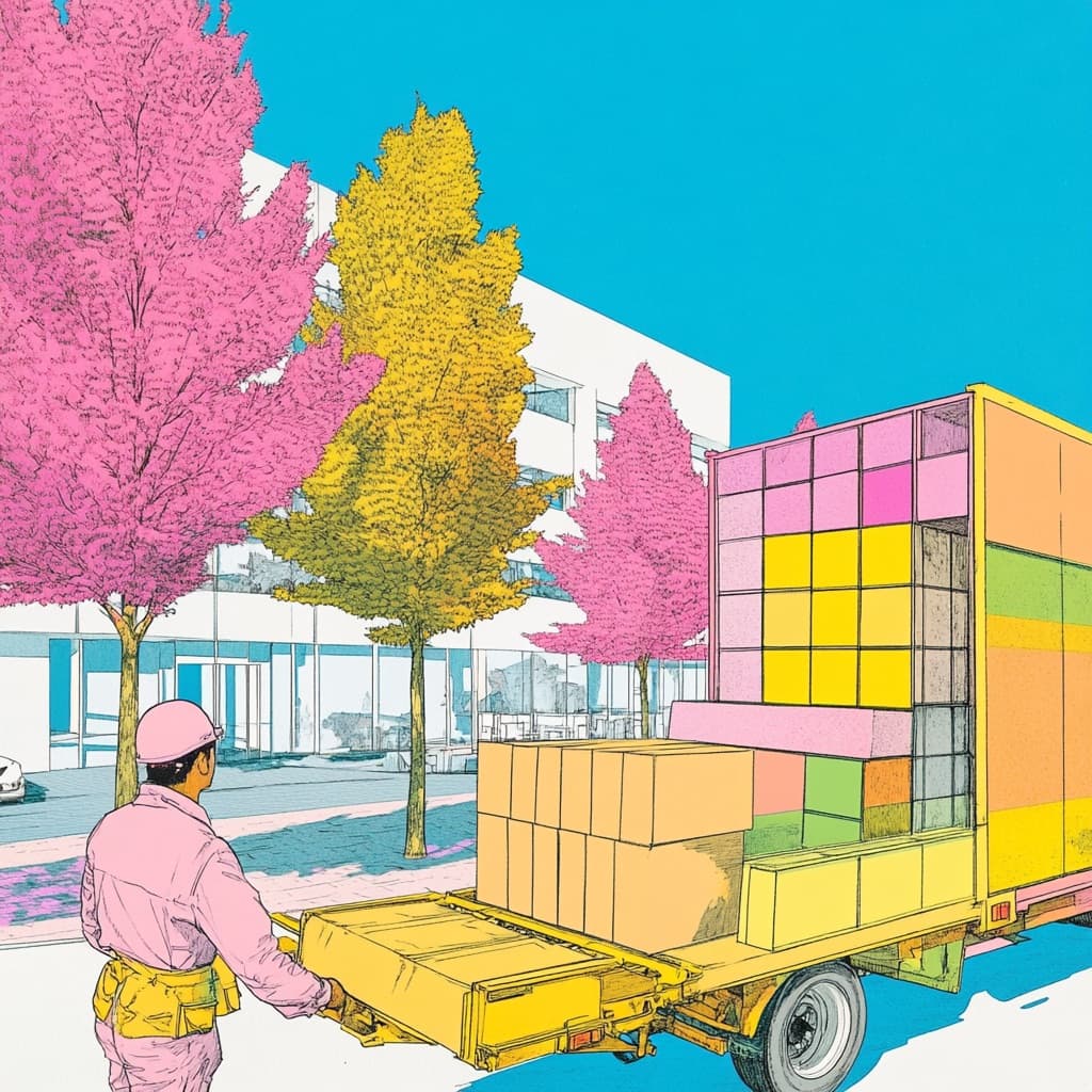 Illustration d'un livreur déchargeant des marchandises d'un camion, pour représenter les achats responsables.