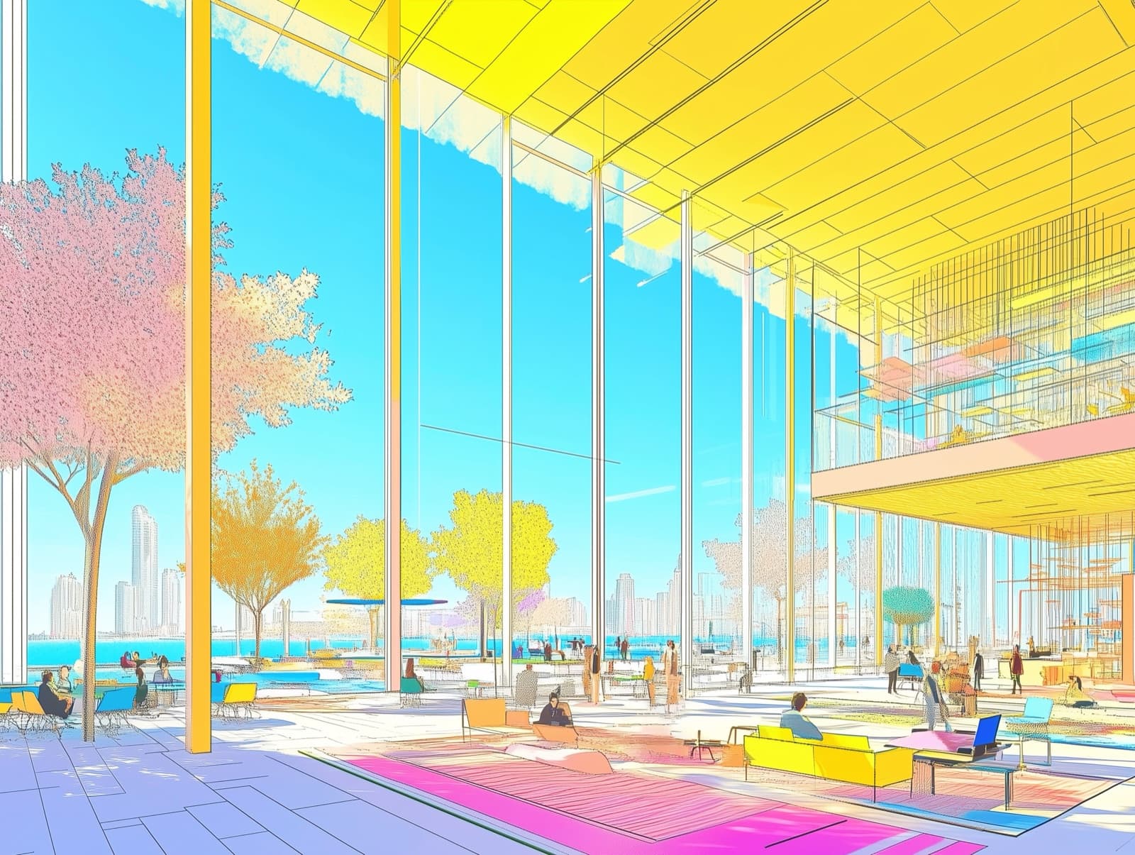 Illustration of people gathering under a large glass canopy by the sea.