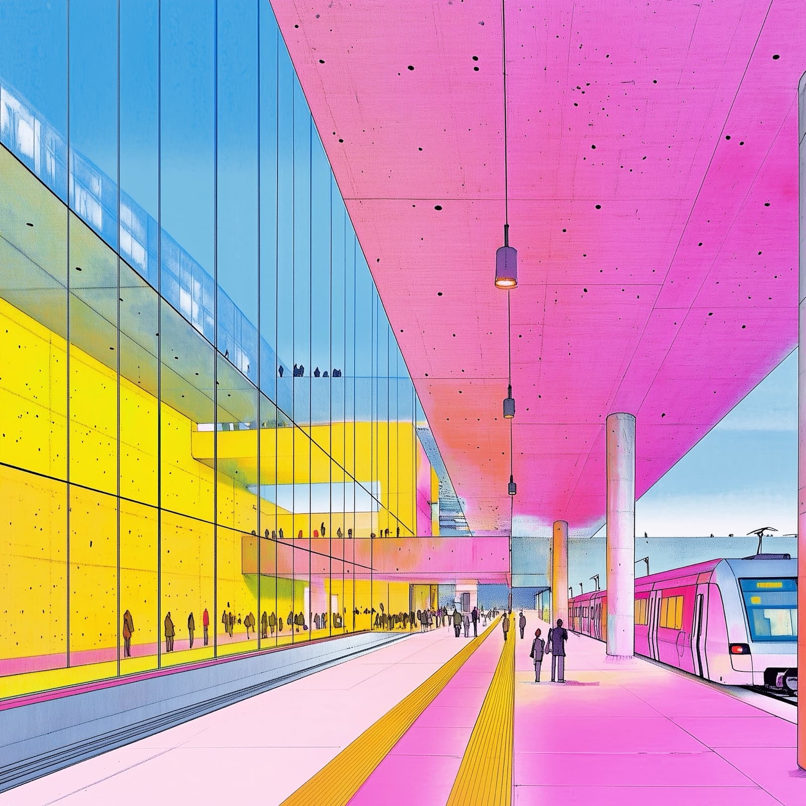 Illustration d'un long quai de gare sous une verrière rose.