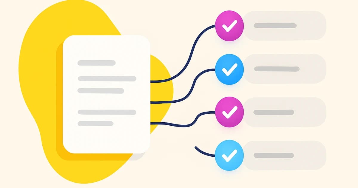 Illustration of a document with checklist items branching out to checkmarks and chat bubbles