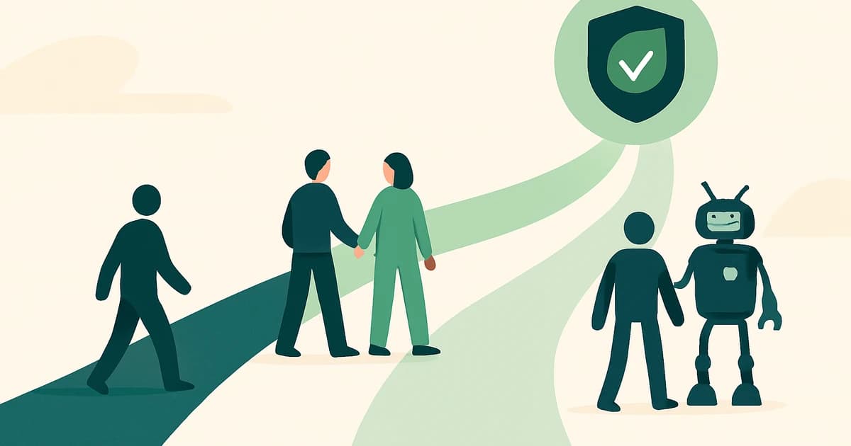 Illustration of people and a robot walking a path toward a shield with a checkmark, symbolizing trust